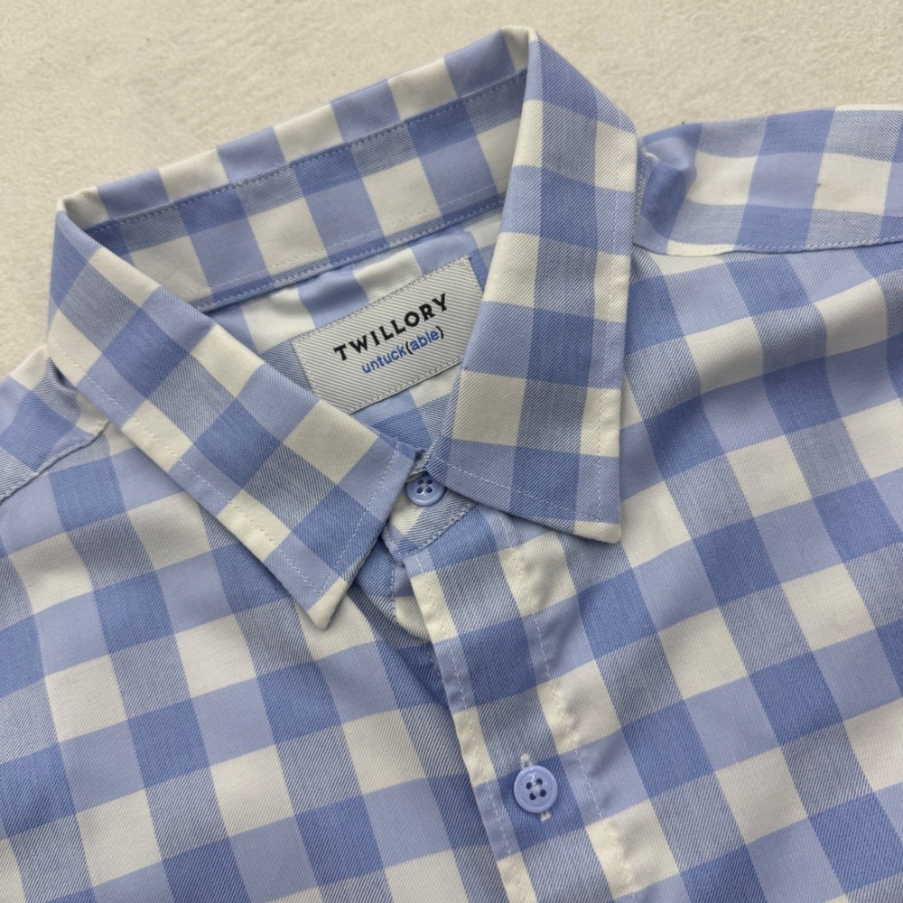 Twillory Button Down Shirt Mens L Blue Gingham Untuckable Long Sleeve Stretch